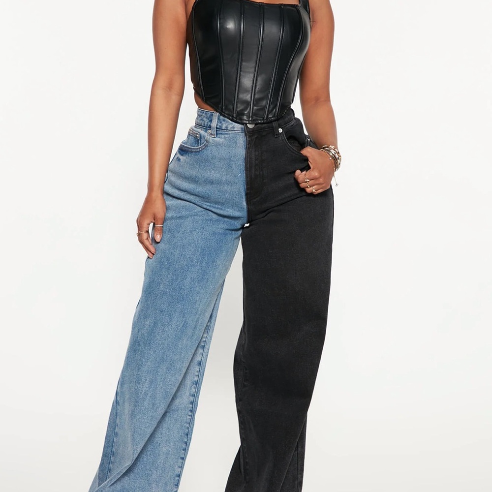 Black and Blue Flare Wide Leg Jeans with Two-Tone Design